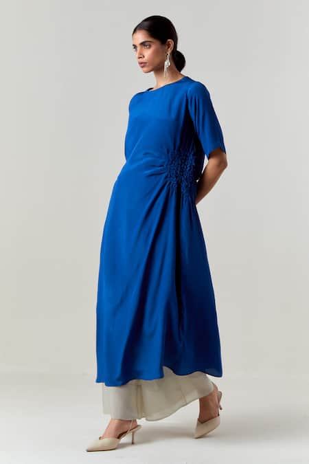 Three_Blue Crepe, Tissue Round Neck Ruching Tunic With Pant _at_Aza_Fashions