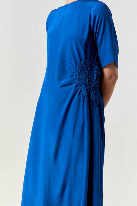 Buy_Three_Blue Crepe, Tissue Round Neck Ruching Tunic With Pant 