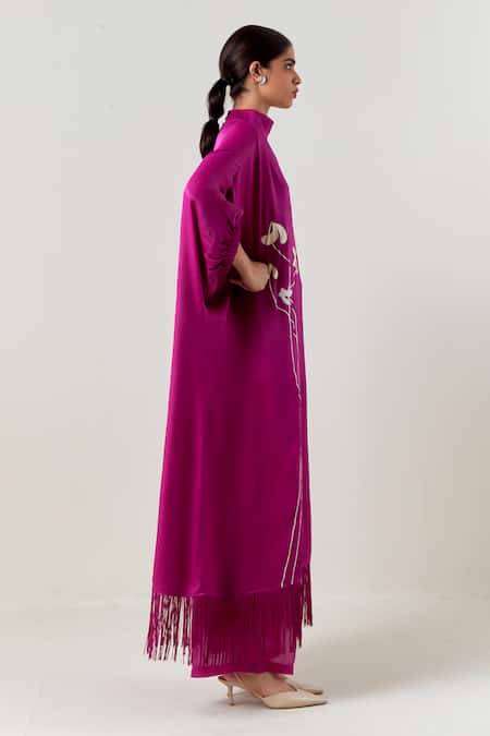 Buy_Three_Fuchsia Crepe, Satin, Poplin Applique High Purple Floral Fringe Kaftan With Pant _Online_at_Aza_Fashions