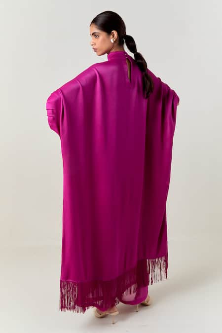 Three Purple Floral Fringe Kaftan With Pant 