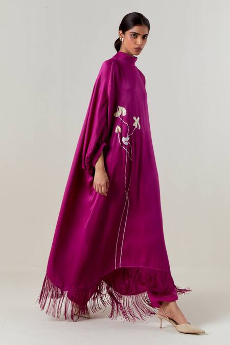 Shop_Three_Fuchsia Crepe, Satin, Poplin Applique High Purple Floral Fringe Kaftan With Pant _Online_at_Aza_Fashions