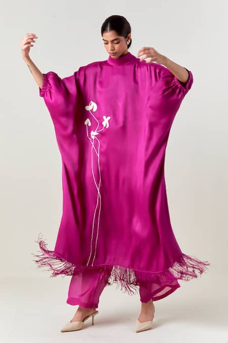 Three_Fuchsia Crepe, Satin, Poplin Applique High Purple Floral Fringe Kaftan With Pant _at_Aza_Fashions