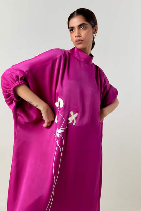 Buy_Three_Fuchsia Crepe, Satin, Poplin Applique High Purple Floral Fringe Kaftan With Pant 