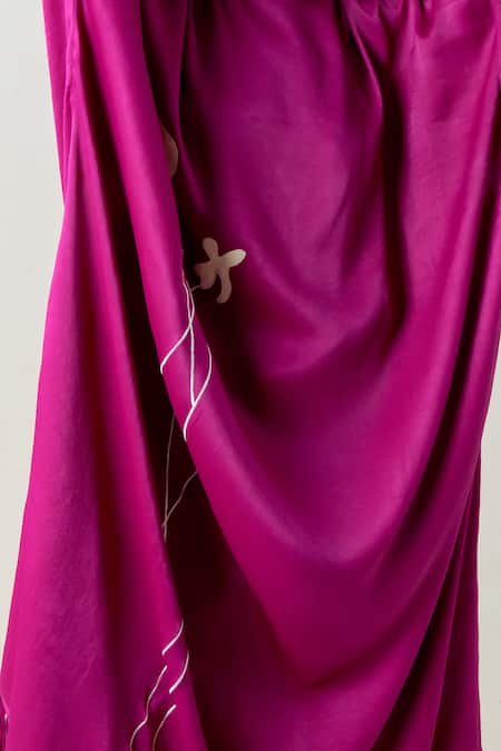 Shop_Three_Fuchsia Crepe, Satin, Poplin Applique High Purple Floral Fringe Kaftan With Pant 