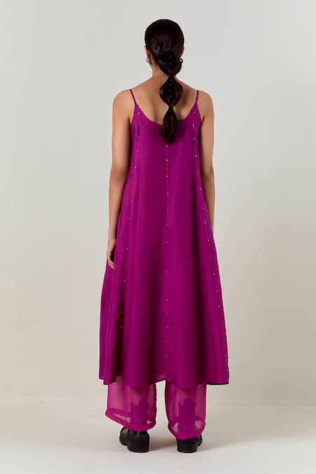 Three Wine Panelled Embroidered Tunic & Pant Set 