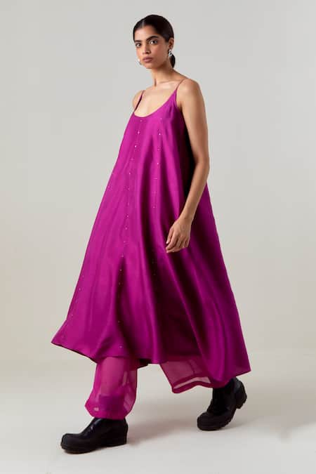 Buy_Three_Fuchsia Silk, Poplin, Organza Embroidery Scoop Wine Panelled Tunic And Pant Set _Online_at_Aza_Fashions