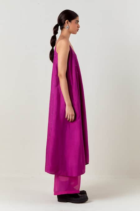 Shop_Three_Fuchsia Silk, Poplin, Organza Embroidery Scoop Wine Panelled Tunic And Pant Set _Online_at_Aza_Fashions