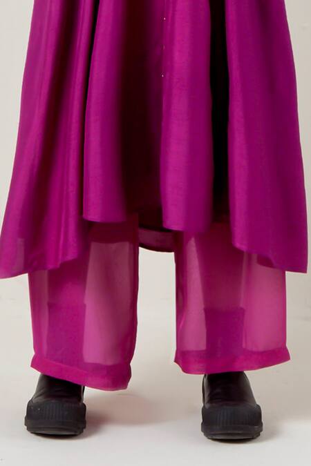 Three_Fuchsia Silk, Poplin, Organza Embroidery Scoop Wine Panelled Tunic And Pant Set _at_Aza_Fashions