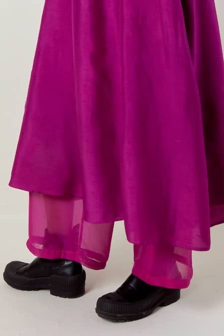 Buy_Three_Fuchsia Silk, Poplin, Organza Embroidery Scoop Wine Panelled Tunic And Pant Set 