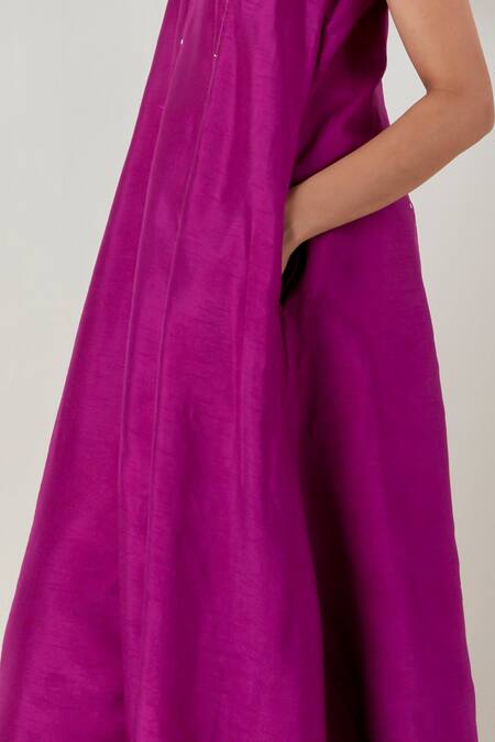 Shop_Three_Fuchsia Silk, Poplin, Organza Embroidery Scoop Wine Panelled Tunic And Pant Set 