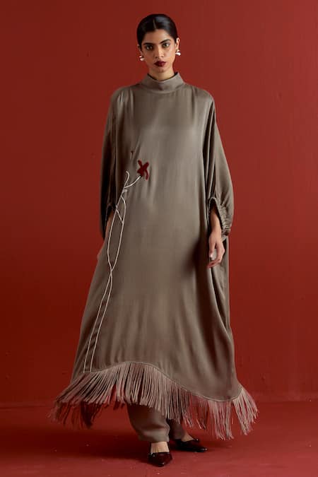 Buy_Three_Gray Crepe, Satin, Poplin, Organza Grey Floral Kaftan And Pant Co-ord Set _Online_at_Aza_Fashions