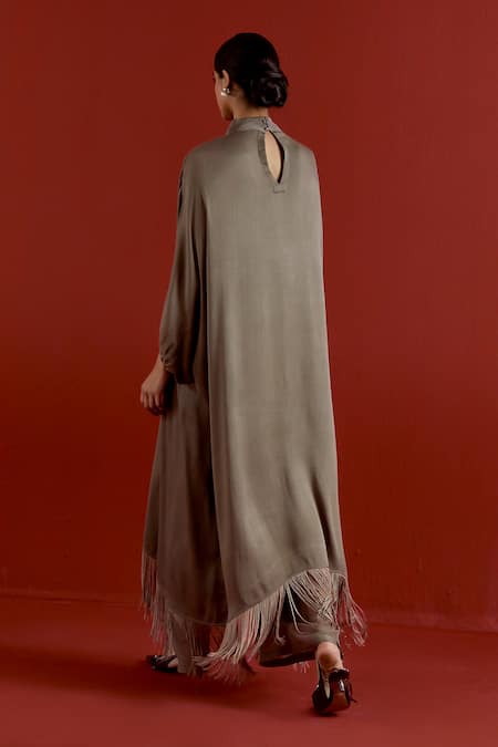 Three Grey Floral Fringe Kaftan & Pant Co-Ord Set 