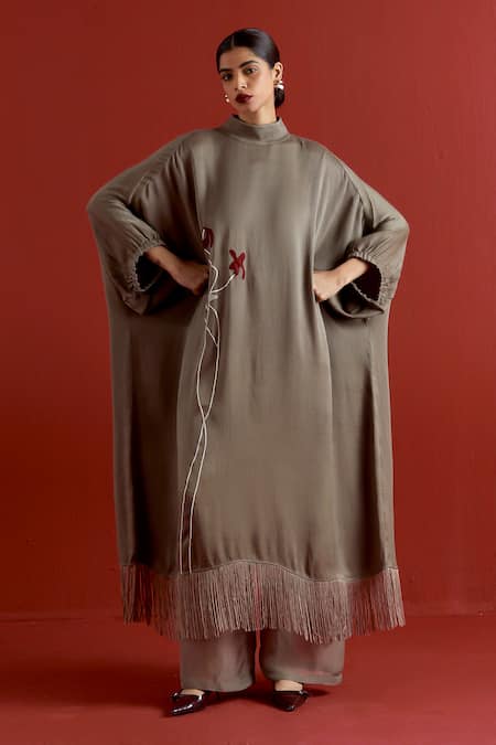 Three Gray Crepe, Satin, Poplin, Organza Grey Floral Kaftan And Pant Co-ord Set