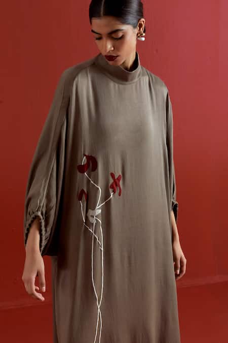 Three_Gray Crepe, Satin, Poplin, Organza Grey Floral Kaftan And Pant Co-ord Set _at_Aza_Fashions