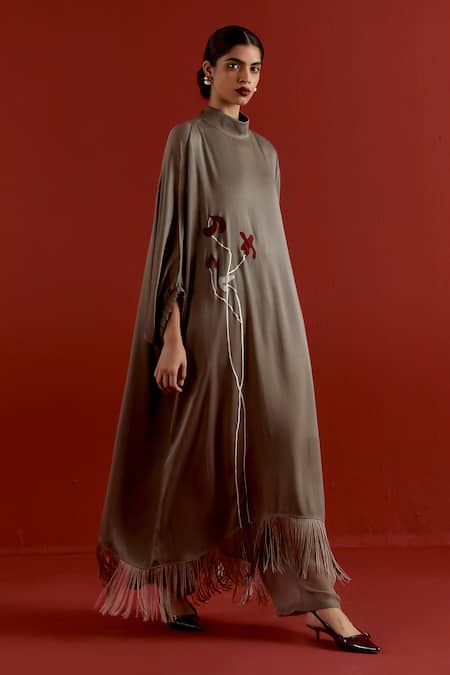 Buy_Three_Gray Crepe, Satin, Poplin, Organza Grey Floral Kaftan And Pant Co-ord Set 