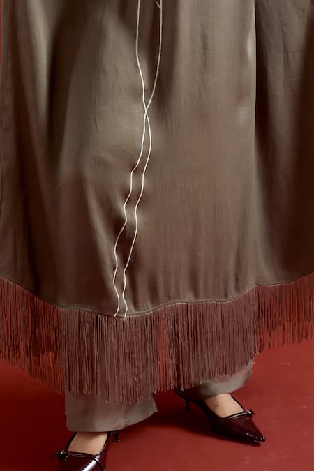 Shop_Three_Gray Crepe, Satin, Poplin, Organza Grey Floral Kaftan And Pant Co-ord Set 