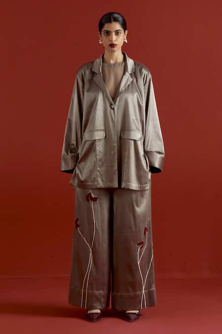 Buy_Three_Gray Satin, Lycra Applique V-neck Wide Sleeve Jacket And Pant Set _Online_at_Aza_Fashions