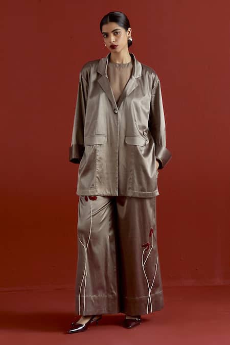 Three Gray Satin, Lycra Applique V-neck Wide Sleeve Jacket And Pant Set 