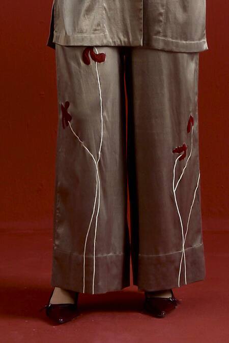 Shop_Three_Gray Satin, Lycra Applique V-neck Wide Sleeve Jacket And Pant Set _Online_at_Aza_Fashions