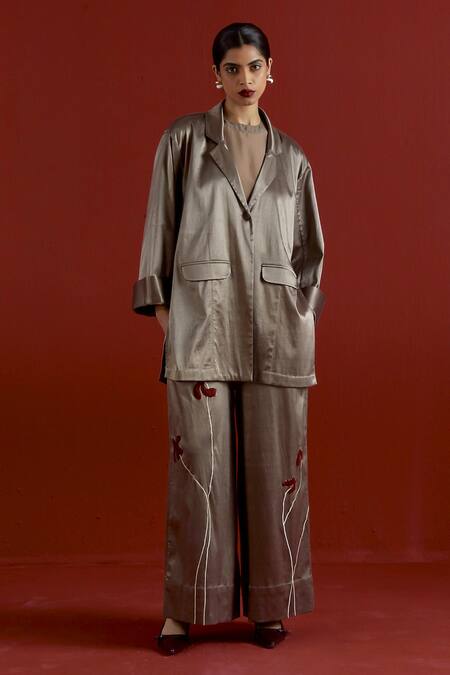 Three_Gray Satin, Lycra Applique V-neck Wide Sleeve Jacket And Pant Set _at_Aza_Fashions