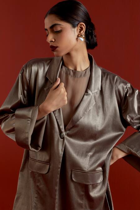 Buy_Three_Gray Satin, Lycra Applique V-neck Wide Sleeve Jacket And Pant Set 