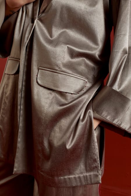 Shop_Three_Gray Satin, Lycra Applique V-neck Wide Sleeve Jacket And Pant Set 