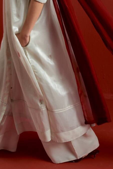 Three_Gray Tissue Embroidery Collared Grey Gathered Neck Shirt And Pant Set_Online_at_Aza_Fashions