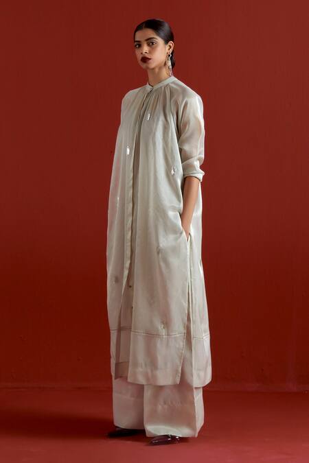 Buy_Three_Gray Tissue Embroidery Collared Grey Gathered Neck Shirt And Pant Set_Online_at_Aza_Fashions