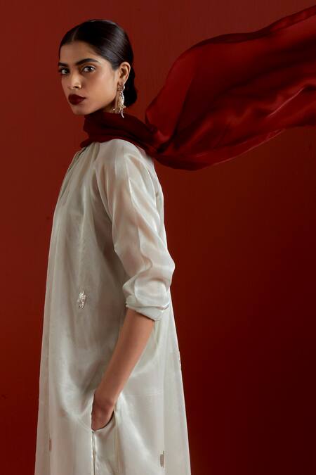 Three_Gray Tissue Embroidery Collared Grey Gathered Neck Shirt And Pant Set_at_Aza_Fashions