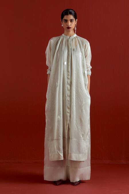 Shop_Three_Gray Tissue Embroidery Collared Grey Gathered Neck Shirt And Pant Set