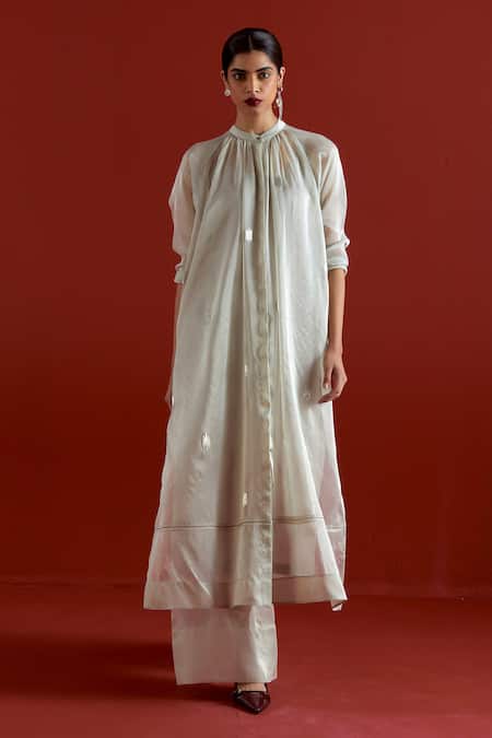 Three Gray Tissue Embroidery Collared Grey Gathered Neck Shirt And Pant Set 