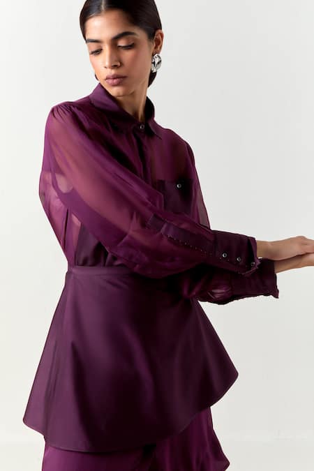 Buy_Three_Wine Organza, Satin, Lycra Beads Collared Sheer Shirt And Pant Set _Online_at_Aza_Fashions