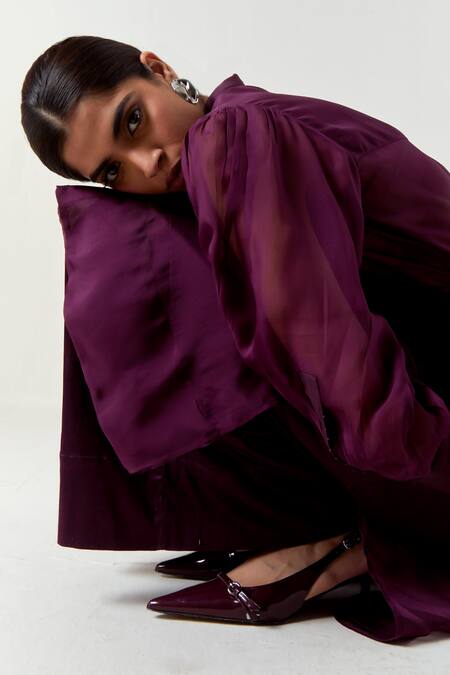 Three_Wine Organza, Satin, Lycra Beads Collared Sheer Shirt And Pant Set _at_Aza_Fashions