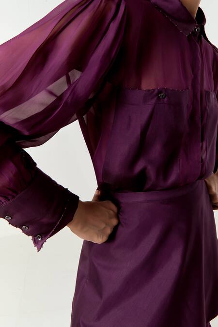 Shop_Three_Wine Organza, Satin, Lycra Beads Collared Sheer Shirt And Pant Set 