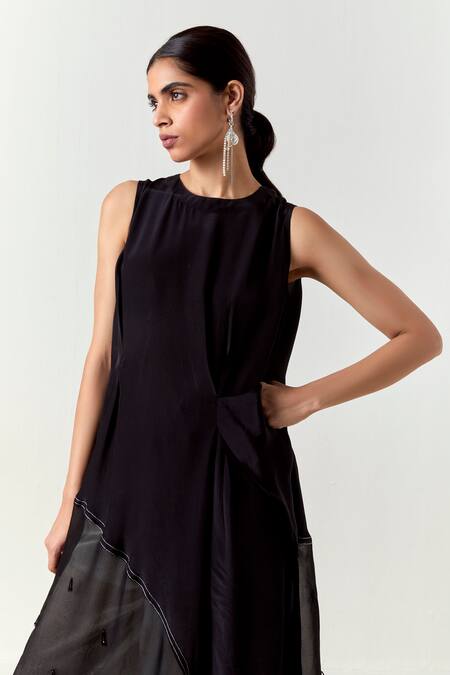 Buy_Three_Black Organza, Crepe, Tissue Beads Round Neck Asymmetric Co-ord Tunic Set _Online_at_Aza_Fashions