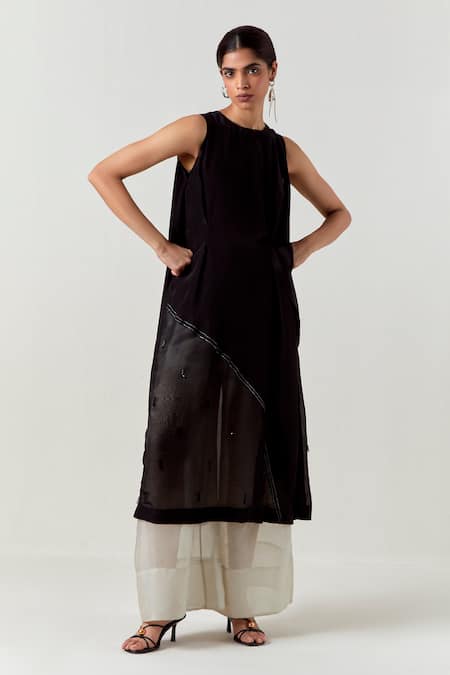 Three_Black Organza, Crepe, Tissue Beads Round Neck Asymmetric Co-ord Tunic Set _at_Aza_Fashions