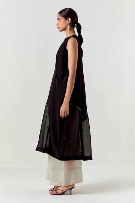 Buy_Three_Black Organza, Crepe, Tissue Beads Round Neck Asymmetric Co-ord Tunic Set 