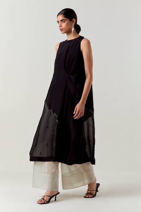 Shop_Three_Black Organza, Crepe, Tissue Beads Round Neck Asymmetric Co-ord Tunic Set 