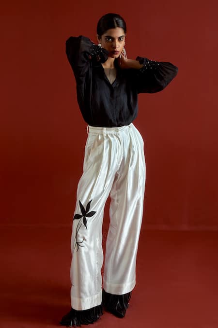 Three Black Silk, Organza, Satin Smocking, Beads, Applique Detail Co-ord Shirt Set at Aza Fashions Three_Black Silk, Organza, Satin Smocking, Beads, Applique Detail Co-ord Shirt Set _at_Aza_Fashions