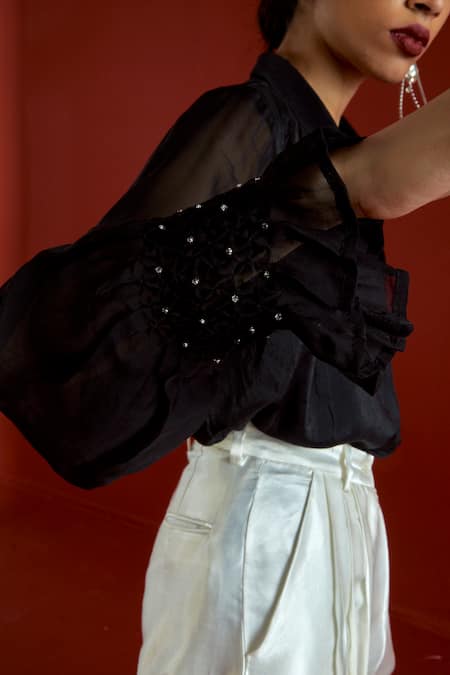 Shop Three Black Silk, Organza, Satin Smocking, Beads, Applique Detail Co-ord Shirt Set Shop_Three_Black Silk, Organza, Satin Smocking, Beads, Applique Detail Co-ord Shirt Set