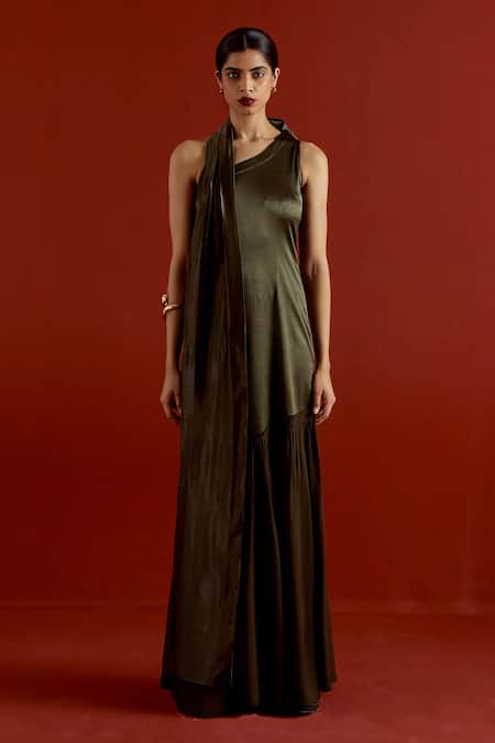 Shop Three Olive Green Satin, Lycra, Georgette One Shoulder Dress Online at Aza Fashions Shop_Three_Olive Green Satin, Lycra, Georgette One Shoulder Dress _Online_at_Aza_Fashions