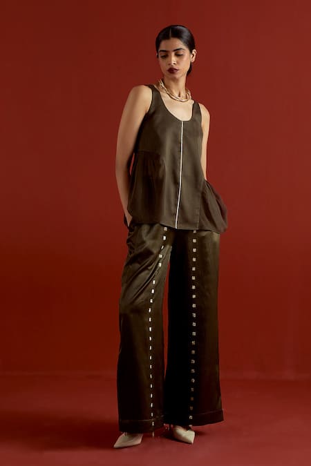 Three Olive Green Chanderi, Organza, Satin Gota Patti Side U-gather Top And Pant Set at Aza Fashions Three_Olive Green Chanderi, Organza, Satin Gota Patti Side U-gather Top And Pant Set _at_Aza_Fashions