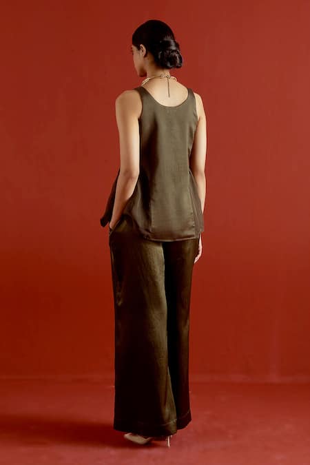 Three Olive Green Chanderi, Organza, Satin Gota Patti Side U-gather Top And Pant Set Online at Aza Fashions Three_Olive Green Chanderi, Organza, Satin Gota Patti Side U-gather Top And Pant Set _Online_at_Aza_Fashions