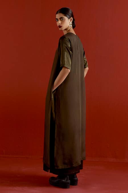 Three_Olive Green Organza, Satin Gota Patti Round Neck Panelled Dress _Online_at_Aza_Fashions