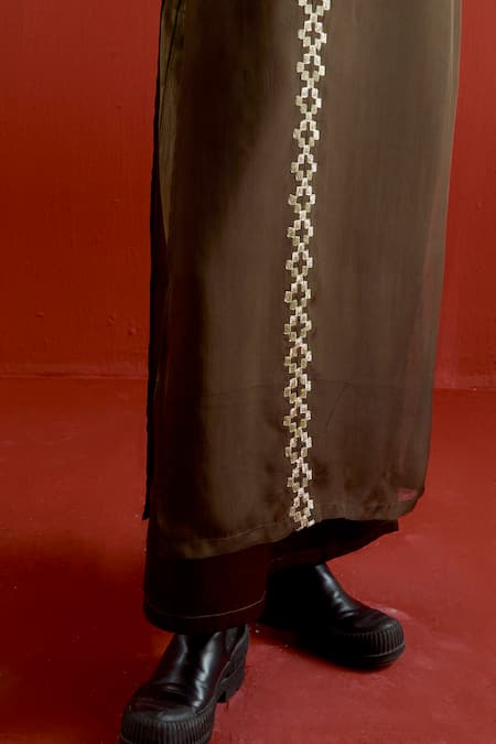 Buy_Three_Olive Green Organza, Satin Gota Patti Round Neck Panelled Dress _Online_at_Aza_Fashions