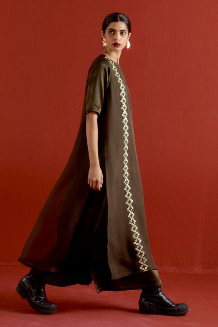 Shop_Three_Olive Green Organza, Satin Gota Patti Round Neck Panelled Dress _Online_at_Aza_Fashions