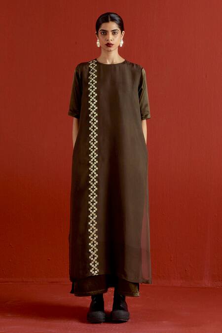 Three_Olive Green Organza, Satin Gota Patti Round Neck Panelled Dress _at_Aza_Fashions