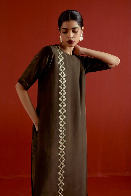 Buy_Three_Olive Green Organza, Satin Gota Patti Round Neck Panelled Dress 