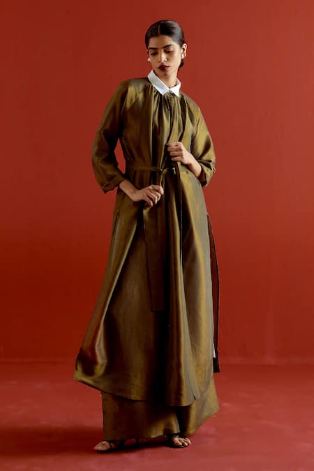 Three Olive Green Tissue, Silk Collared Gather Neck Shirt Tunic And Pant Set 