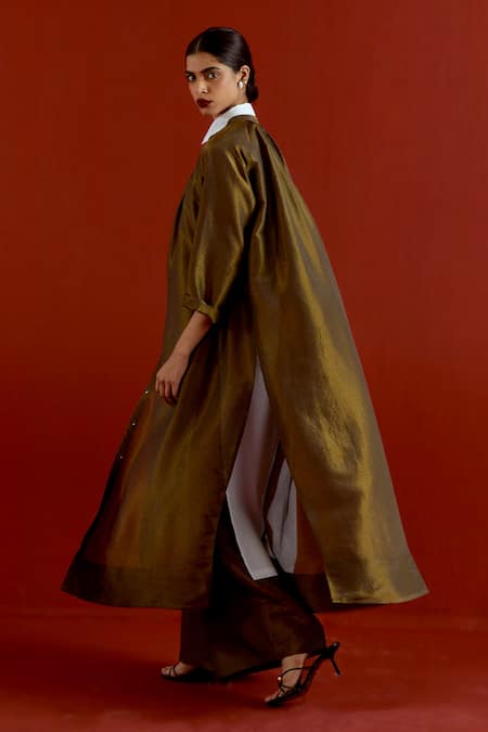 Three_Olive Green Tissue, Silk Collared Gather Neck Shirt Tunic And Pant Set _Online_at_Aza_Fashions